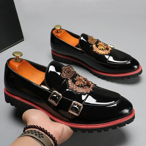 Black Patent Leather Double Buckle Loafers Men's Formal Dress Shoes Handmade Business Shoes Size 38-48